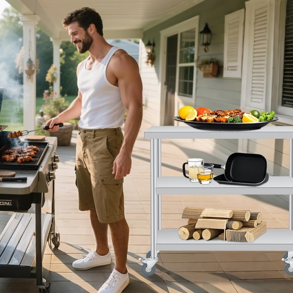 Heavy Duty Stainless Steel Patio Side Table – 3-Tier Outdoor Prep Table with Storage Shelf, Rust-Resistant, Easy to Clean, Versatile Workbench for Kitchen, Restaurant, Garage