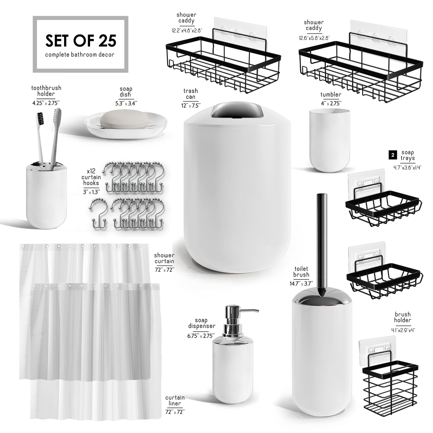 Lammaloe White Bathroom Accessories Sets and Shower Caddy for Bathroom Sets with Shower Curtain Sets for Bathroom Decor with Toothbrush Holder