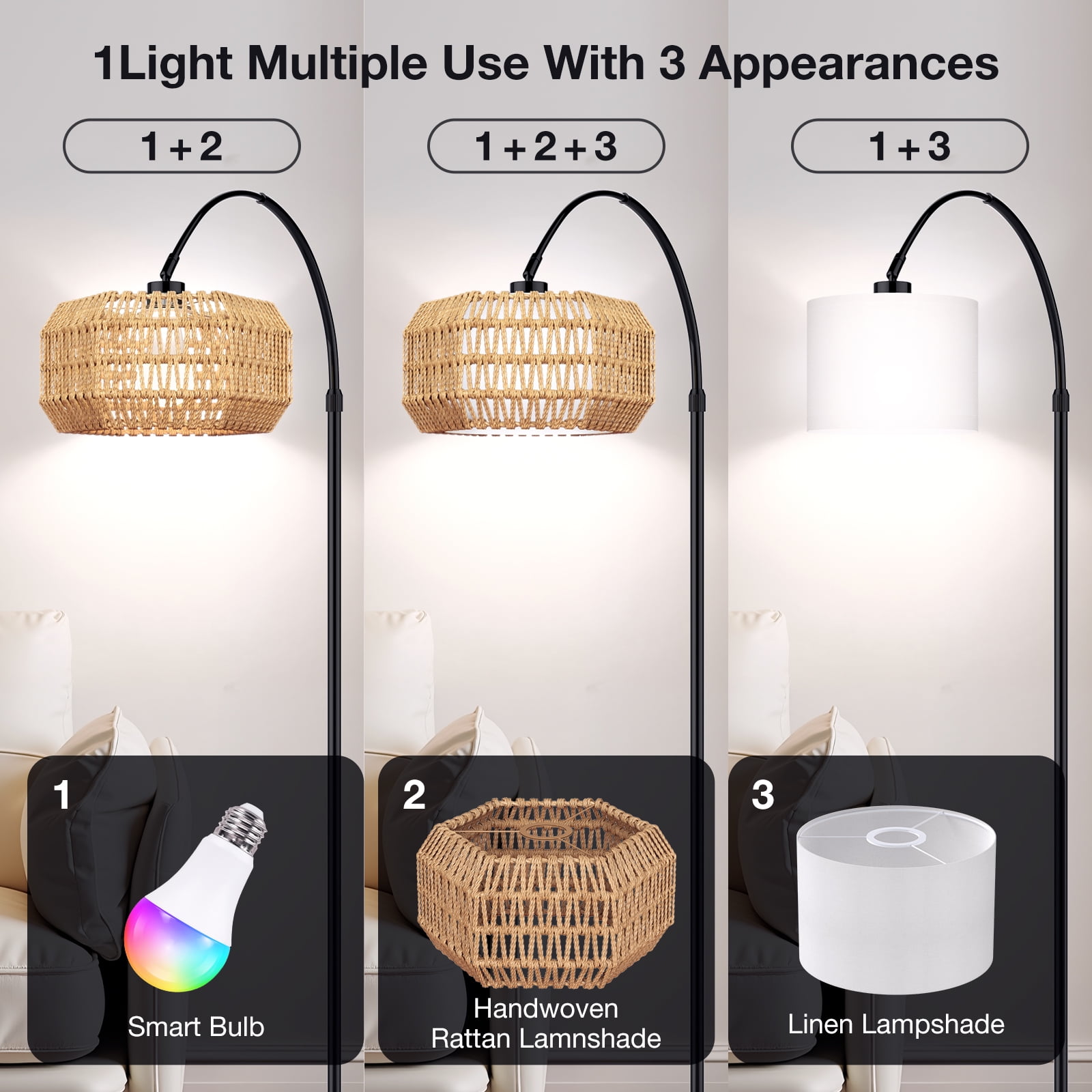 BLITZWILL Arc Floor Lamp 71‘’ Height Adjustable, with Remote Control &Smart APP Standing Lamps, RGB Bulb,Dimmable, for Living Room Bedroom Office Corner