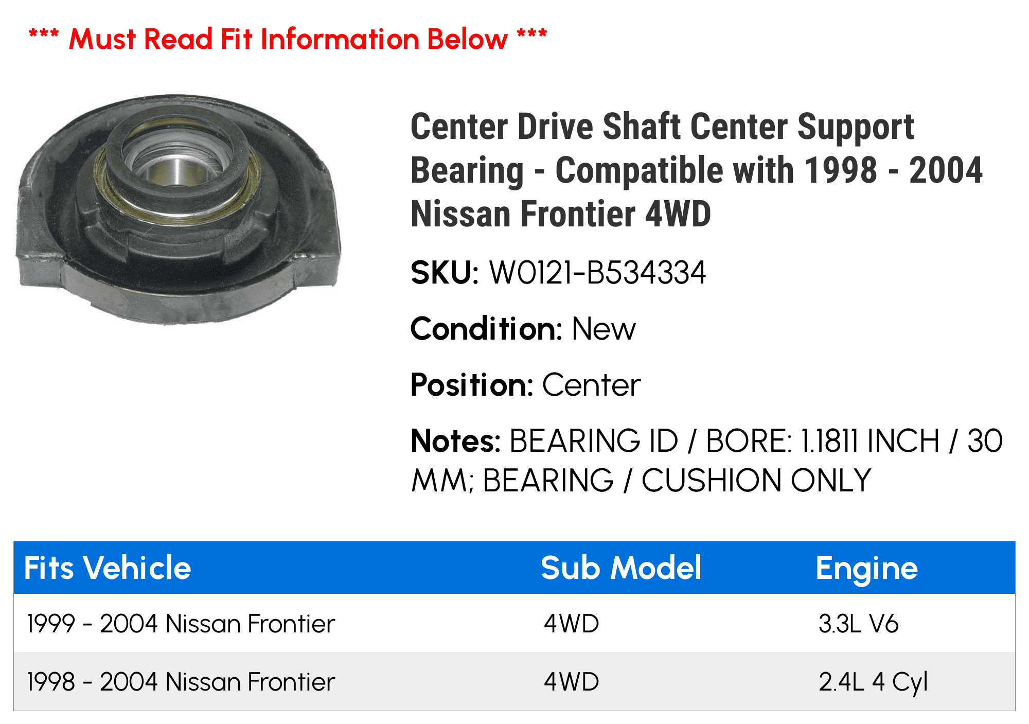Compatible with 1998-2004 Nissan Frontier 4WD Center Drive Shaft Center Support Bearing 