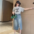 thumbnail image 4 of LYMAYTER Teens Girls Denim Skirt Midi Knee Length High Waist Slit Front Washed Jean Skirt Elastic Waist 5-14Y, 4 of 8
