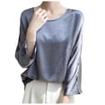 thumbnail image 2 of SSZMDLB Women Silk Satin Long Sleeve Tshirt Round Neck Flowy Casual Basic Blouse Travel Vacation Outfits Summer Tops, Gray M, 2 of 6