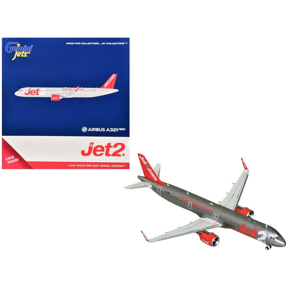 Airbus A321neo Avion Commercial "Jet2" (G-SUNO) Gris Métallique avec Queue Rouge Modèle Réduit 1/400 par GeminiJets