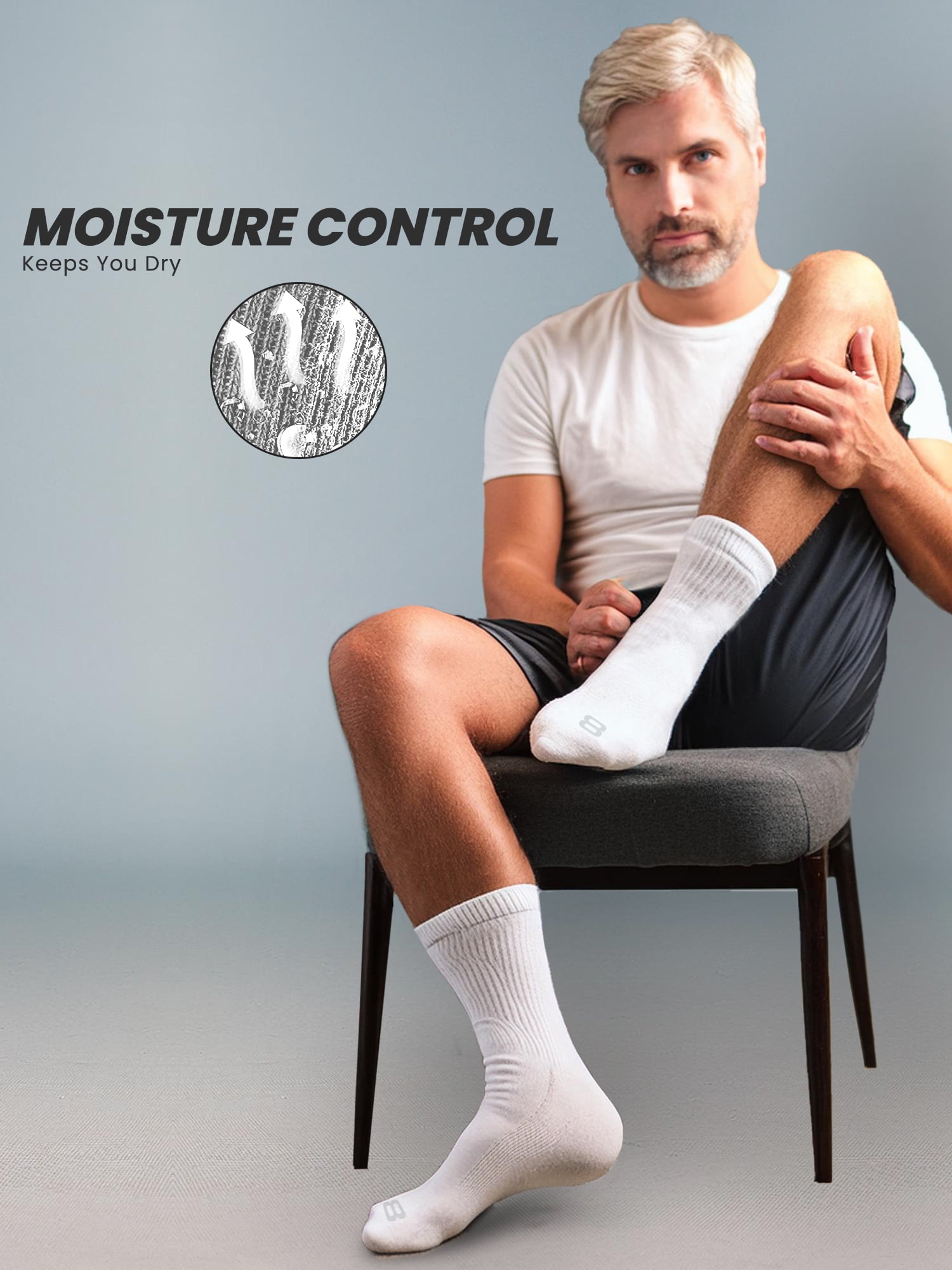 Layer 8 Cushioned Crew Socks for Men Breathable Athletic Socks with Moisture-Wicking Quick Dry Fiber, 12 Pairs, White