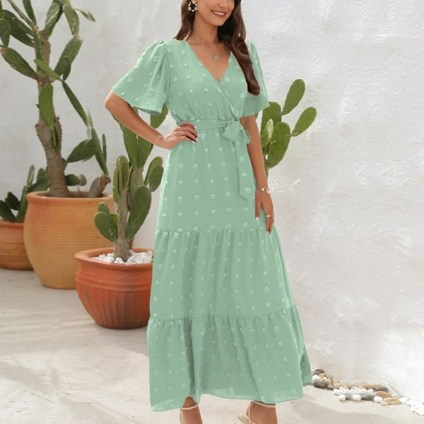 Puntoco Vestido De Manga Corta Con Cuello En V, Vestido De Tirantes De Cintura Alta Con Cuello En V Y Manga Corta Para Mujer, Vestido Largo De Manga Corta, Verde Menta Xl