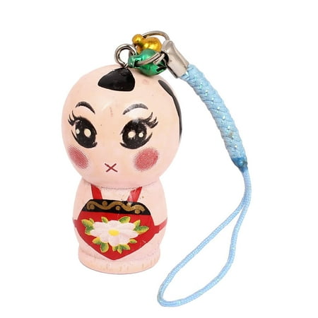 - Wood Pale Pink Chinese Doll Style Ornament Pendant Mobile Phone Blue Straps