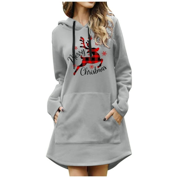 Womens Christmas Casual Solid Color Printing Pullover Hooded Pocket Long Sleeve Dress Sweatshirts