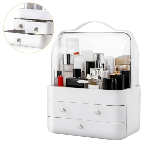 3-Tiers Makeup Organizer and Storage for Vanity with Lid and Drawers, Countertop Portable Skincare Organizer, Dustproof, White