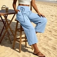 thumbnail image 7 of Capris for Women Mid Waisted Wide Leg Cropped Pants Casual Loose Side Tie Summer Vacation Trousers with Pockets Light Blue S, 7 of 7