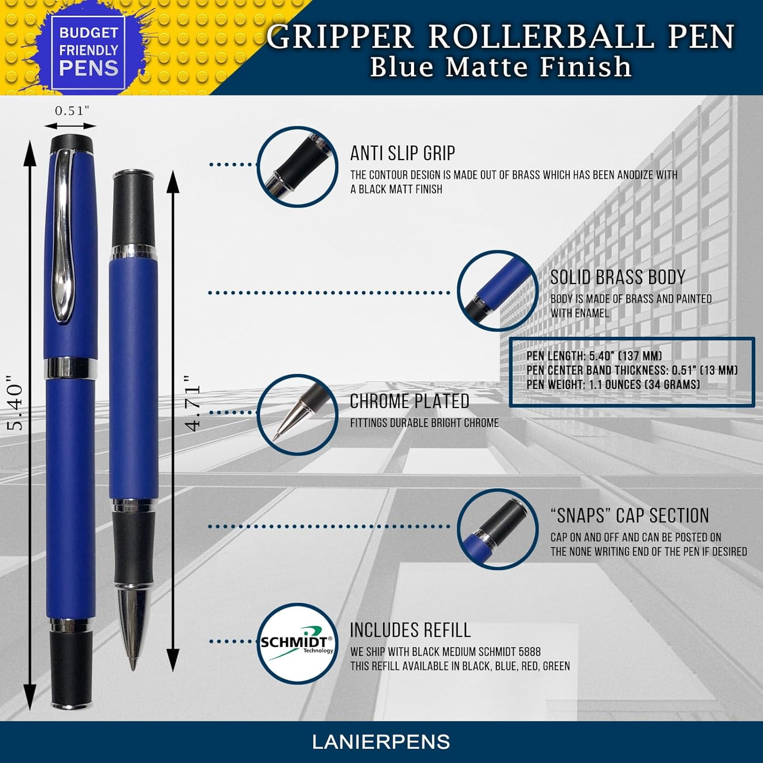 Gripper Rollerball Pen - Matt Blue with Anti Slip Grip (Budget Friendly Pen)