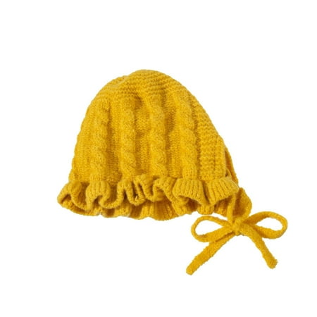 

YWDJ 0-3Years Toddler Kids Boy Girl Solid Color Lace Ruffled Warm Knitted Hat Winter Knit Kids Cute Hat Yellow