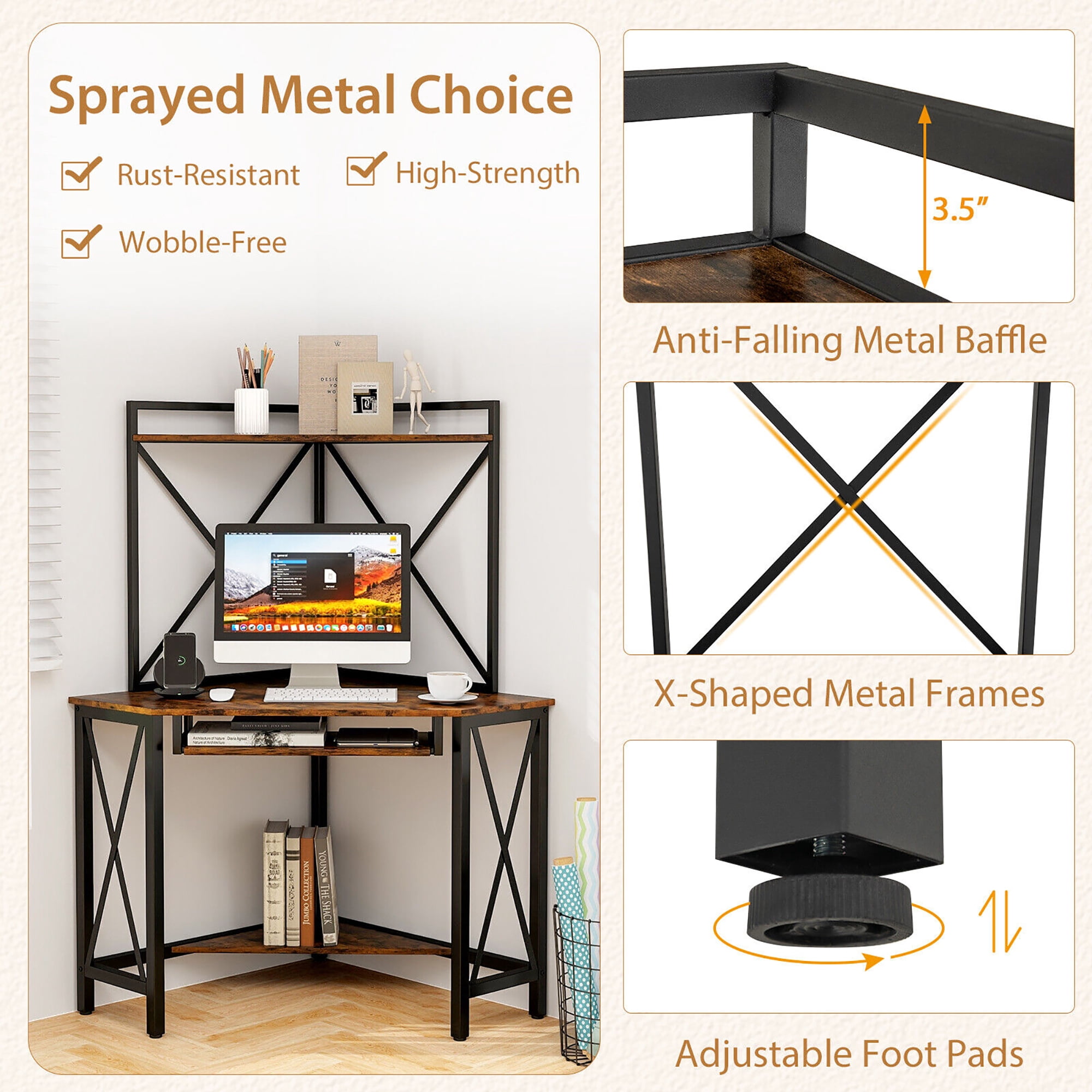 Gymax Corner Desk Space-Saving Computer Desk w/ Shelves & Keyboard Tray Rustic Brown