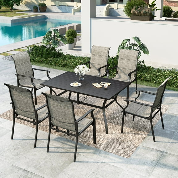 Summit Living 7-Piece Outdoor Patio Dining Set with High-Back Padded Chairs & Metal Steel Rectangular Table with Umbrella Hole for 6 Person, Black & Tan