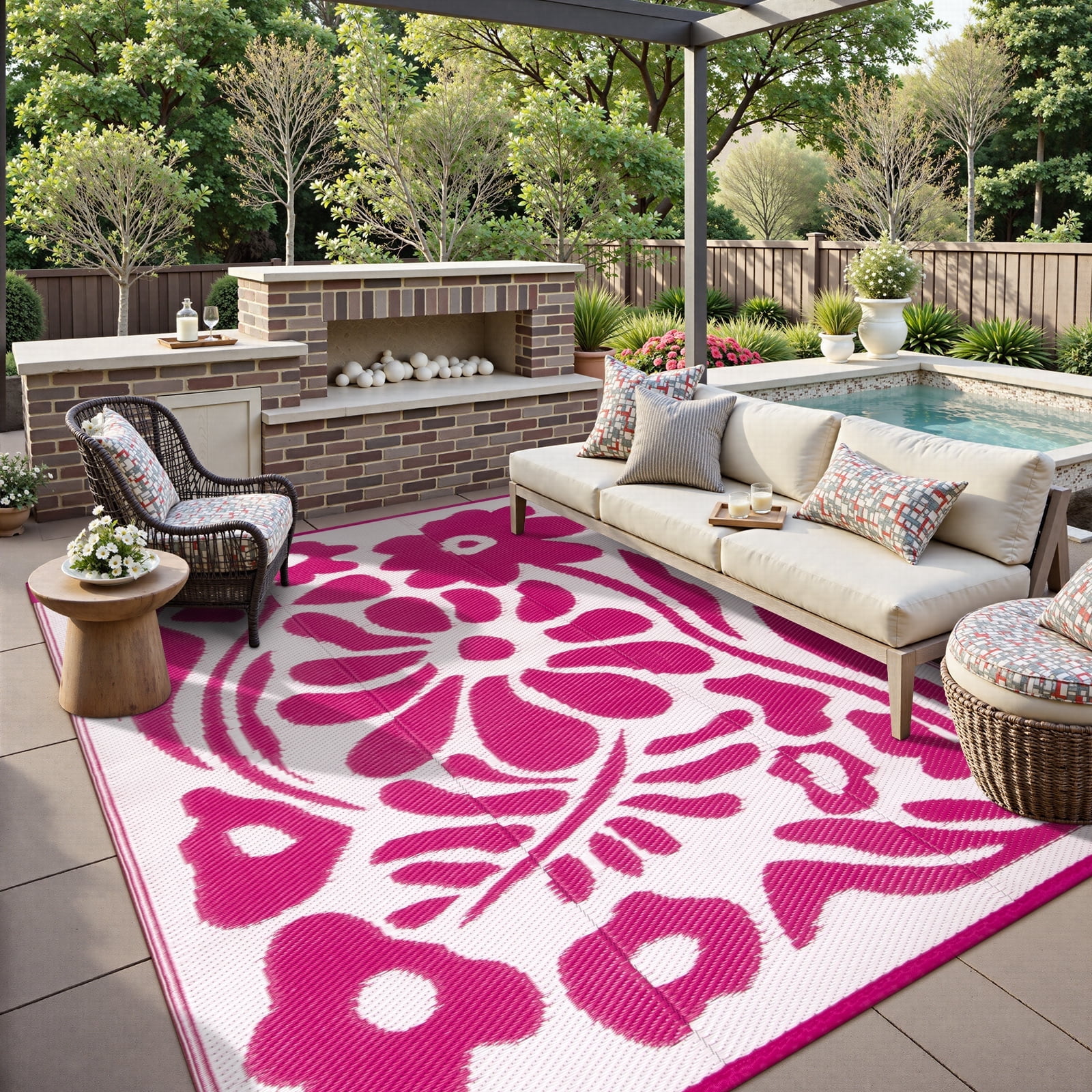 Wonnitar 6x9 Outdoor Rug Waterproof, Plastic Straw RV Rugs for Outside, Large Portable RV Outdoor Carpet，Pink Floral Rug for Picnic Garden Patio