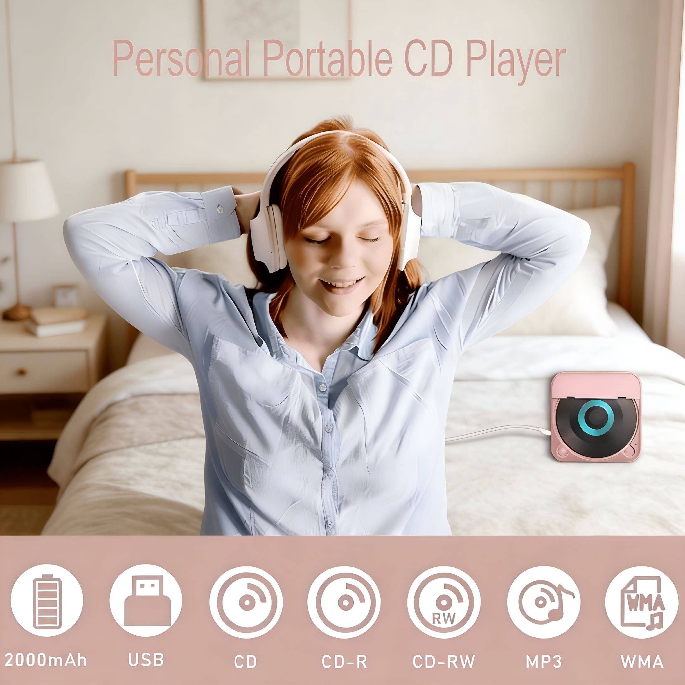 GJX 2026 New Cd Player with Bluetooth,Rechargeable Compact Cd Player Built-In Hifi Speakers,Portable Cd Player for Home/Car,Supports Cd/Aux/Usb and Repeat Modes,Headphones,Lcd Screen