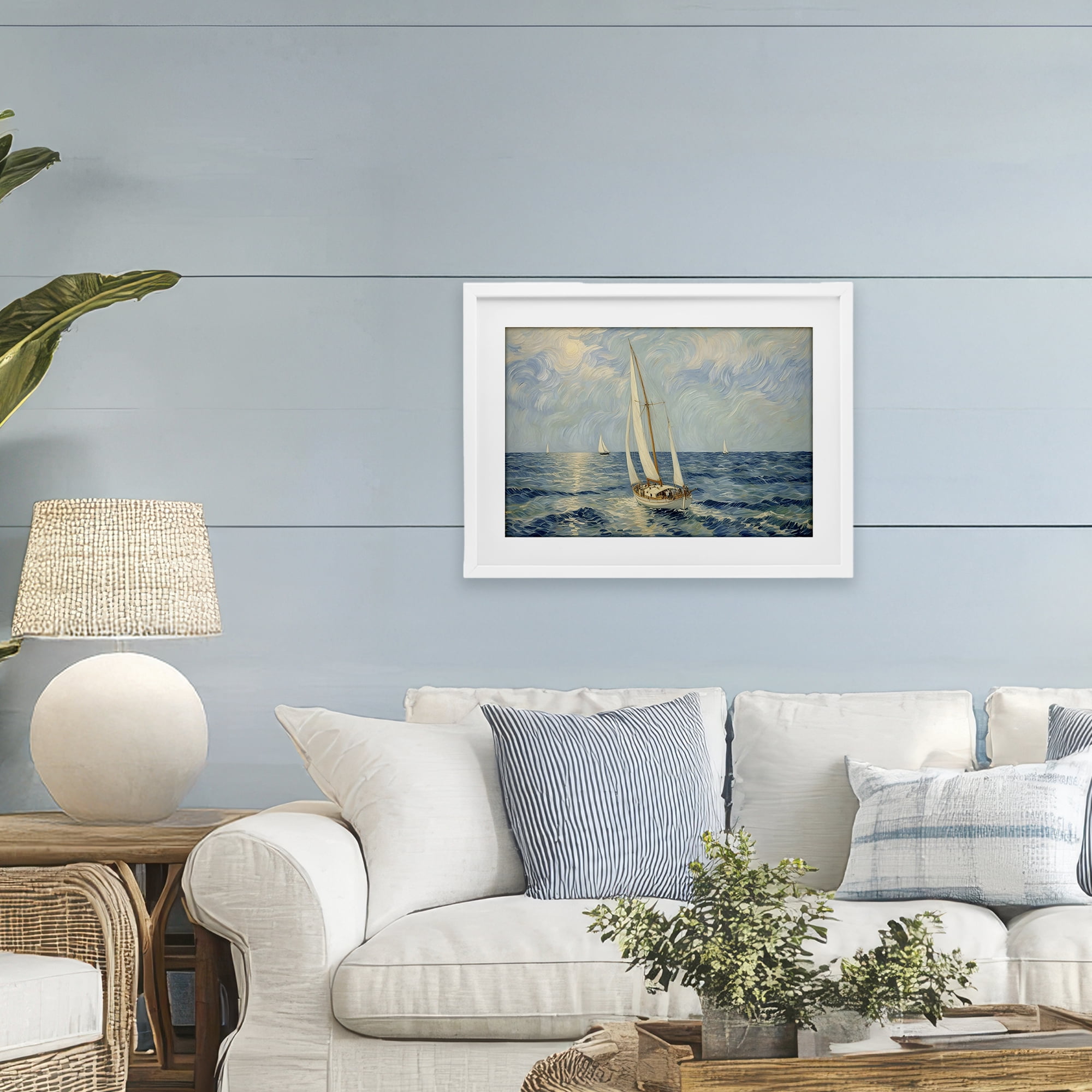 Stupell Industries Sailing Yacht on Blue Sea White Framed Print Under Glass, design by Angie Hawke