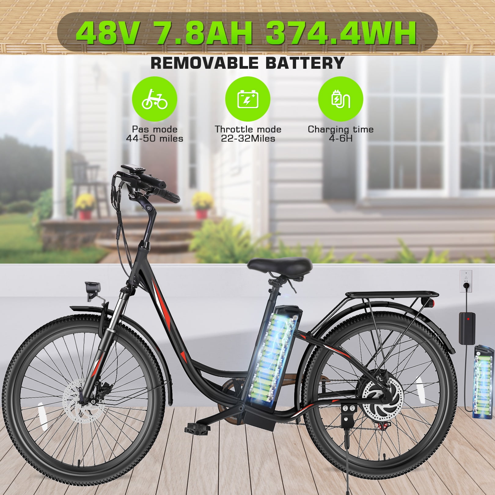 Elifine 26" Electric Bike, 500W Adult Electric City Bike with 48V 7.8Ah 374.4Wh Battery, Low-Step Thru Hybrid Cruiser Electric Bicycle, Shimano 7 Speed Commuter Ebike for Adults Women,5 Modes, UL2849