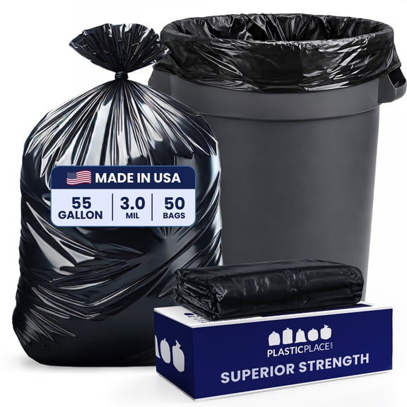 Plasticplace 55 Gallon Black Trash Bags │3.0 Mil │40" x 50" (50 Count)
