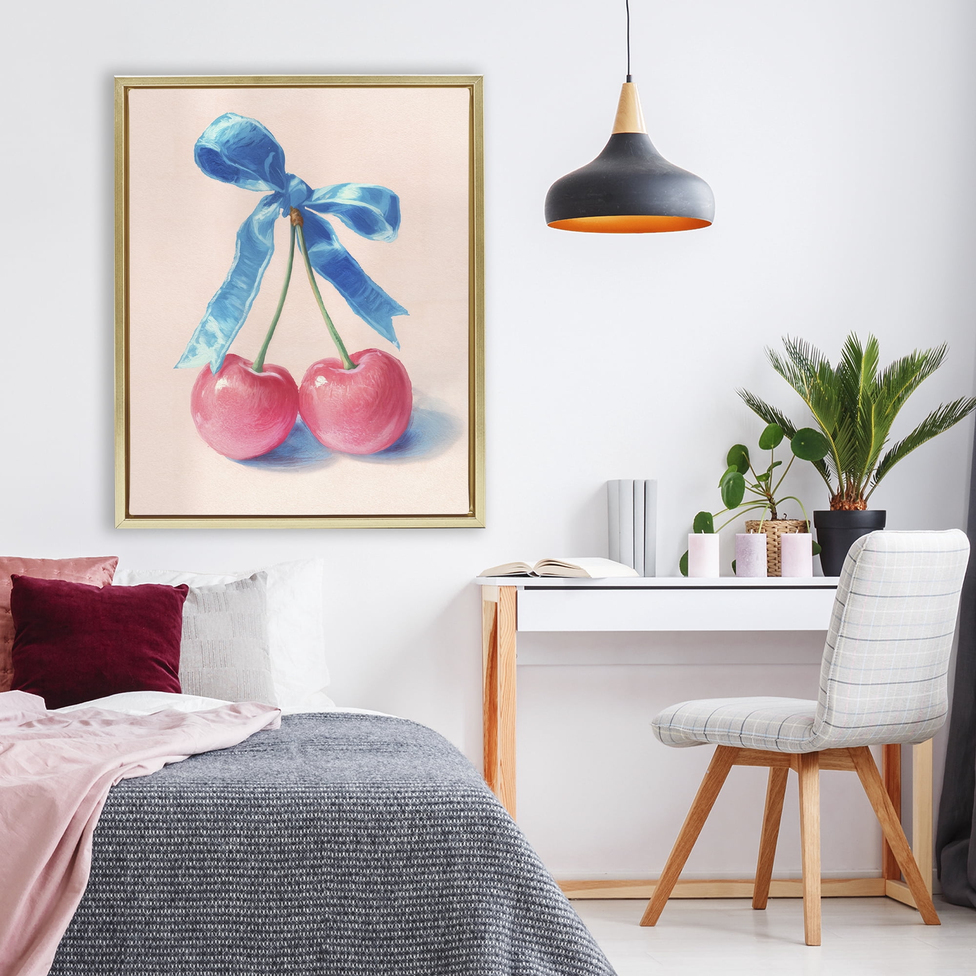 Stupell Industries Twin Cherries with Blue Ribbon Gold Framed Floater Canvas Wall Art, design by Imagine It Images