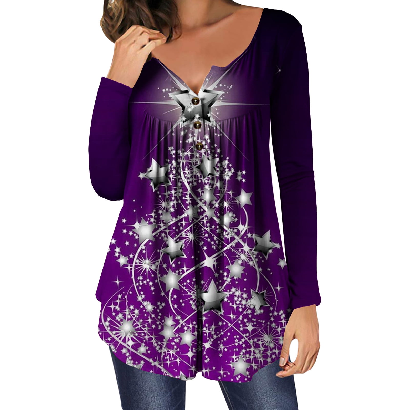 Hfyihgf Womens Christmas TShirt Snowflake Graphic Hide Belly Henley