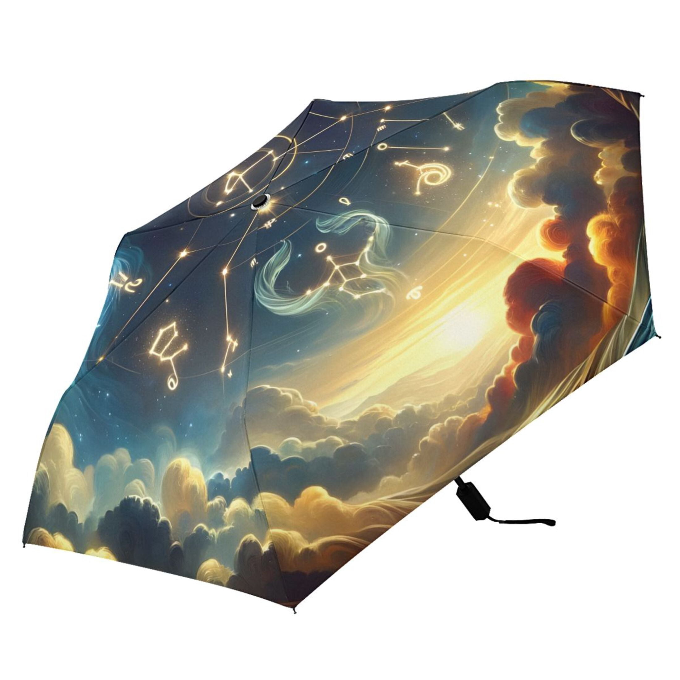 Twelve Zodiac Stars in Night Sky Compact Sun Umbrella Windproof Travel Umbrellas for Rain Strong Portable UV Protection