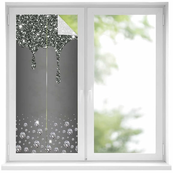 Black Grey Window Privacy Film, Modern Abstract Diamond Luxury Gradient Static Cling UV Sun Blocking Heat Control Window Tint Day and Night, Non-Adhesive One Way Windows Privacy Cover 19.6''x39.3''