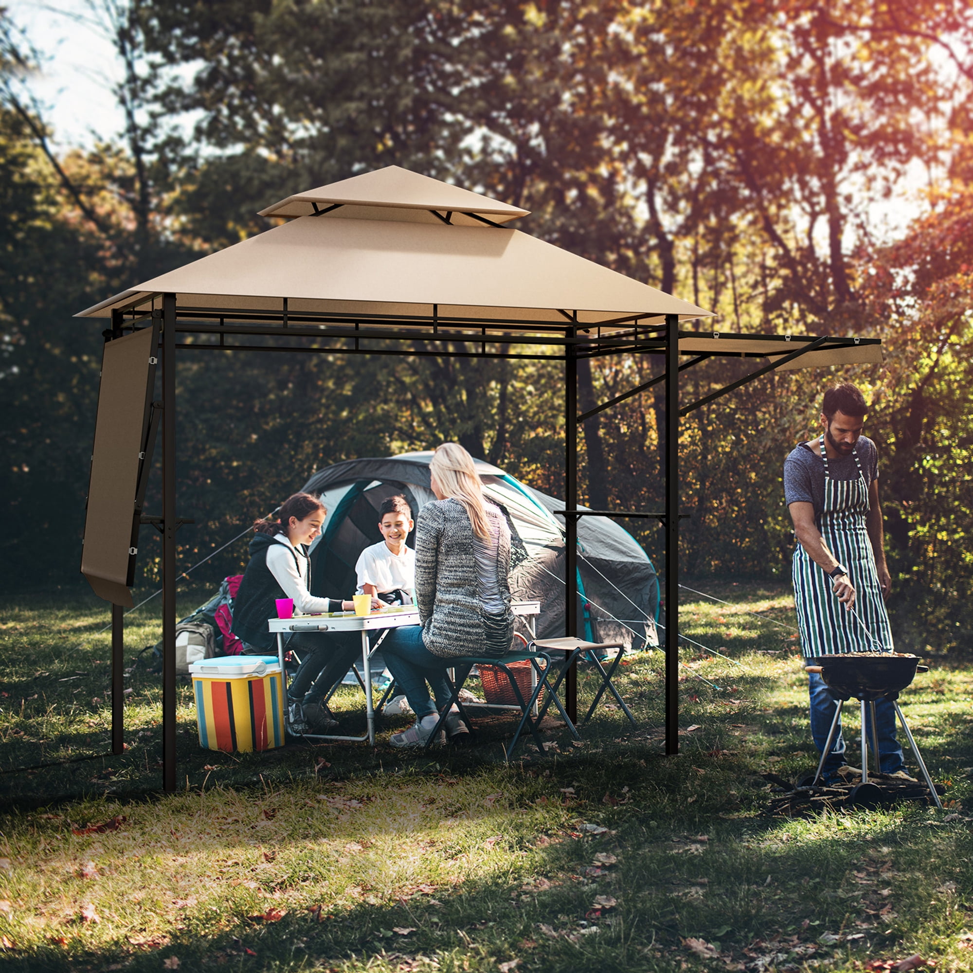 Gymax 13.5' x 4' Patio BBQ Grill Gazebo Side Awnings Shelves 2-Tier Canopy Outdoor