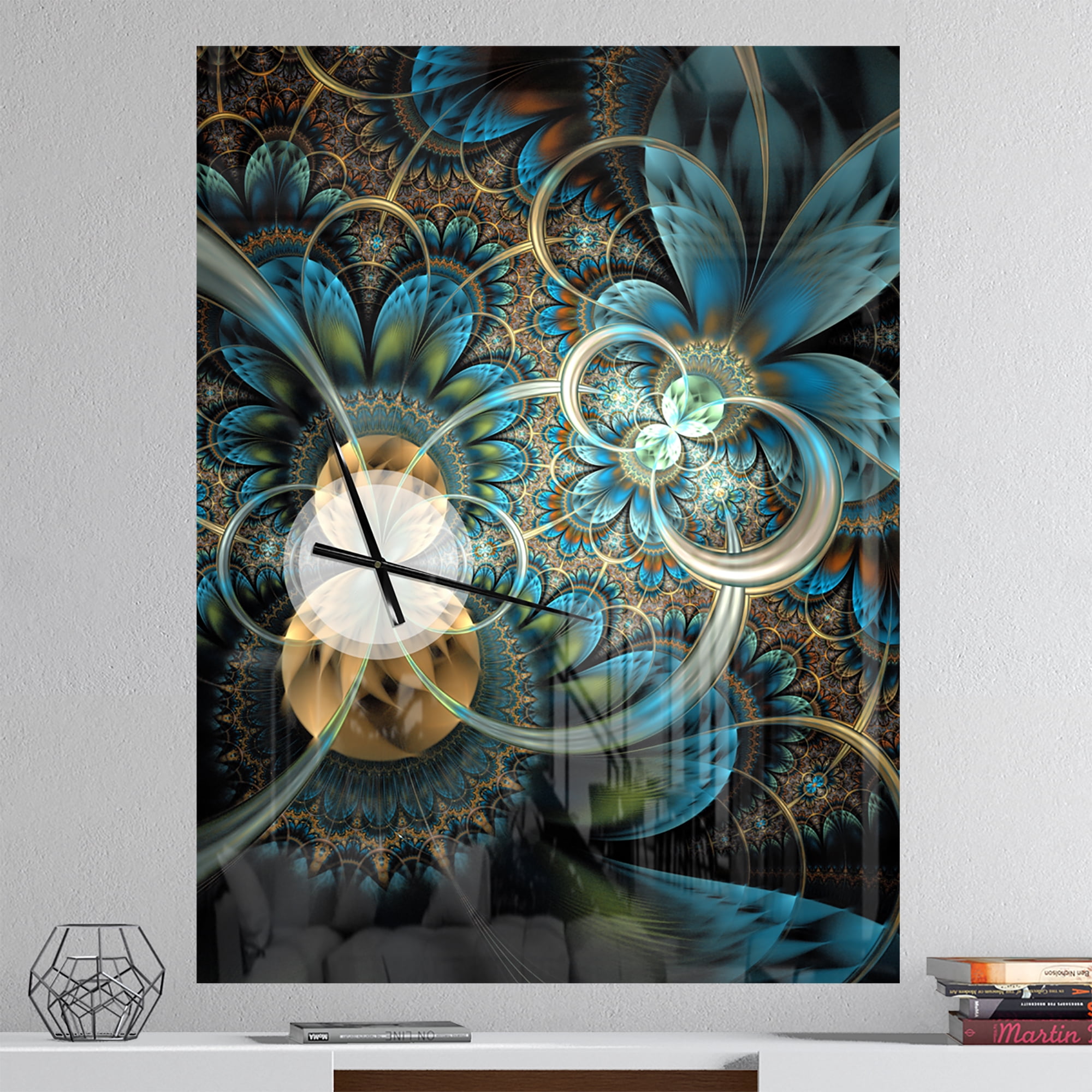 Designart 'Symmetrical Blue Gold Fractal Flower' Modern Wall Clock