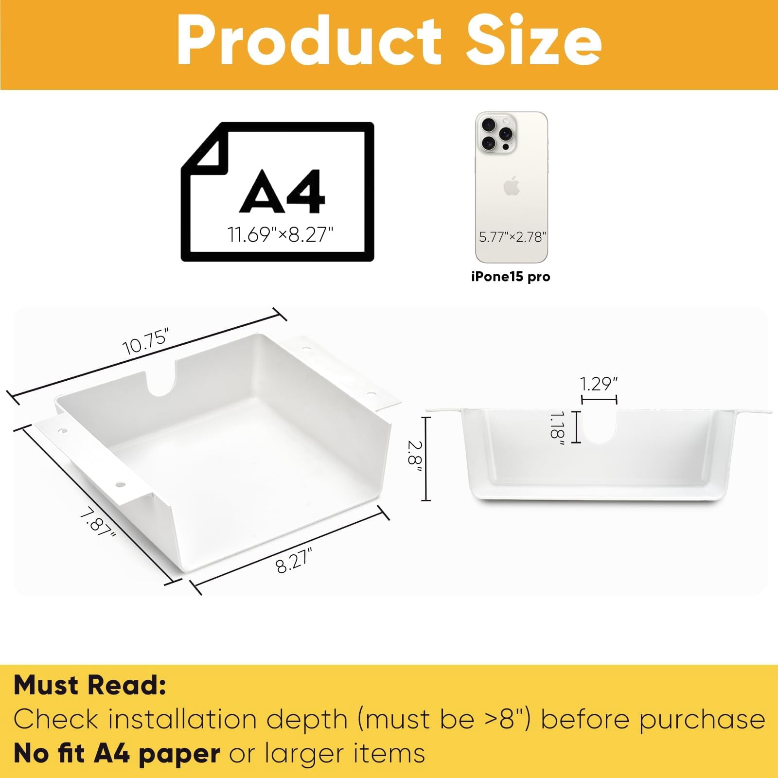 4 Pack Under Desk Hanging Shelf Drawer Organizer  Attachable Plastic Storage Tray Easy Adhesive Mount Holder For Standing Tables Office Counters Cabinets Workstations - White