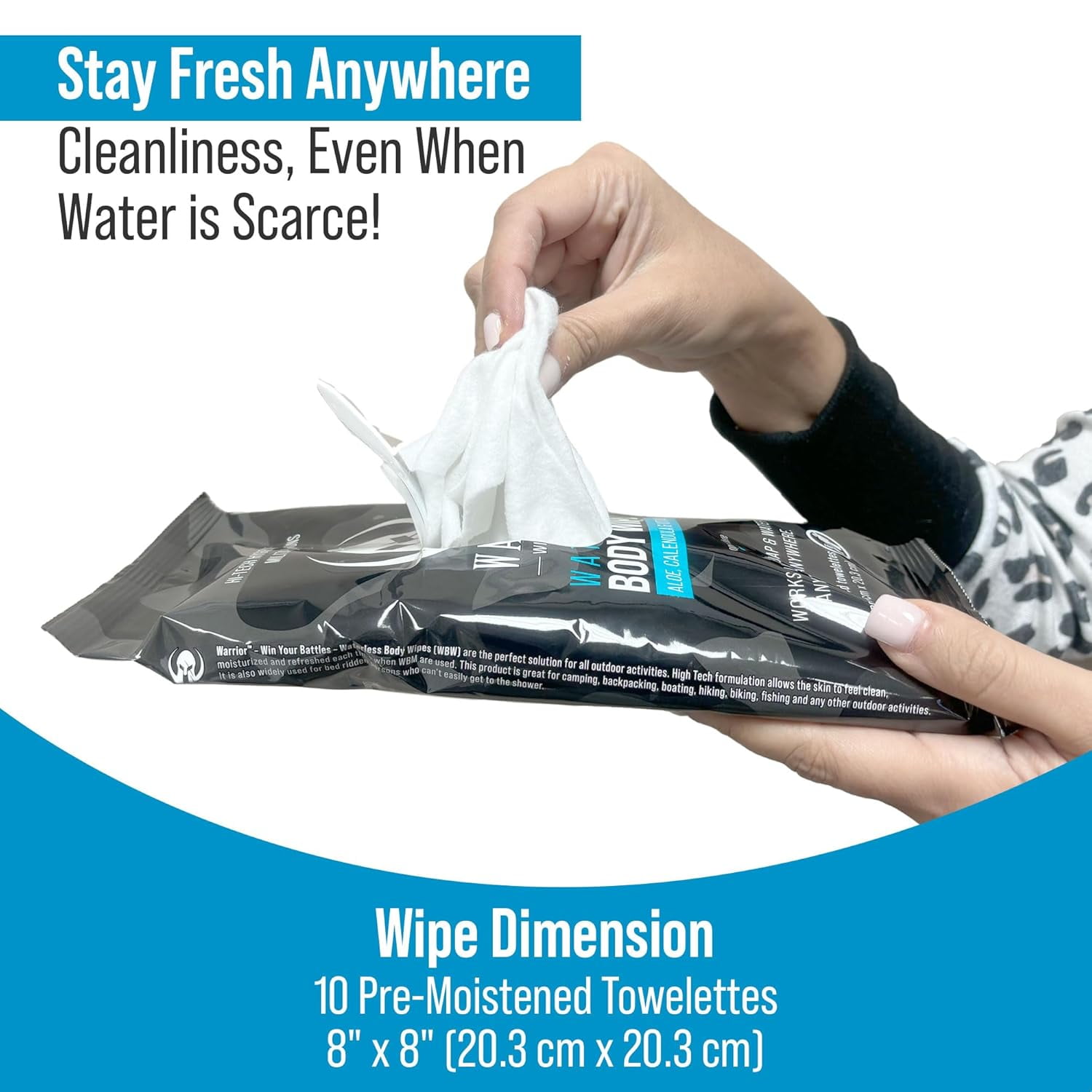 Warrior Waterless Body Wipes - Rinse-Free & Hypoallergenic Cleaning Wipes Enriched with Aloe, Calendula & Vitamin E - Alcohol-Free Unscented Wipes For Sensitive Skin & Bedridden Patients - 3 Pack