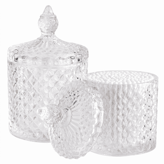 2 Pack Qtip Holder Thick Glass Apothecary Jars with Lid for Bathroom Decor, Clear Cotton Ball Storage Organizer for Cotton Swab, Cotton Rounds, Jewelry, Candy