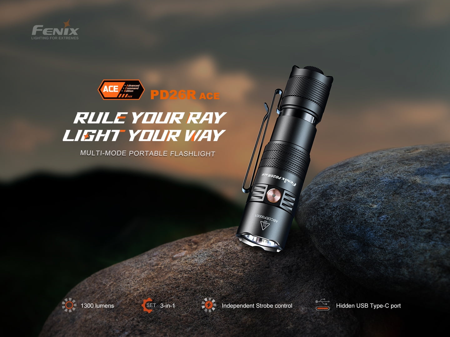 Fenix PD26R ACE 1300 Lumen Custom Mode Set Rechargeable EDC Flashlight + LumenTac Organizer