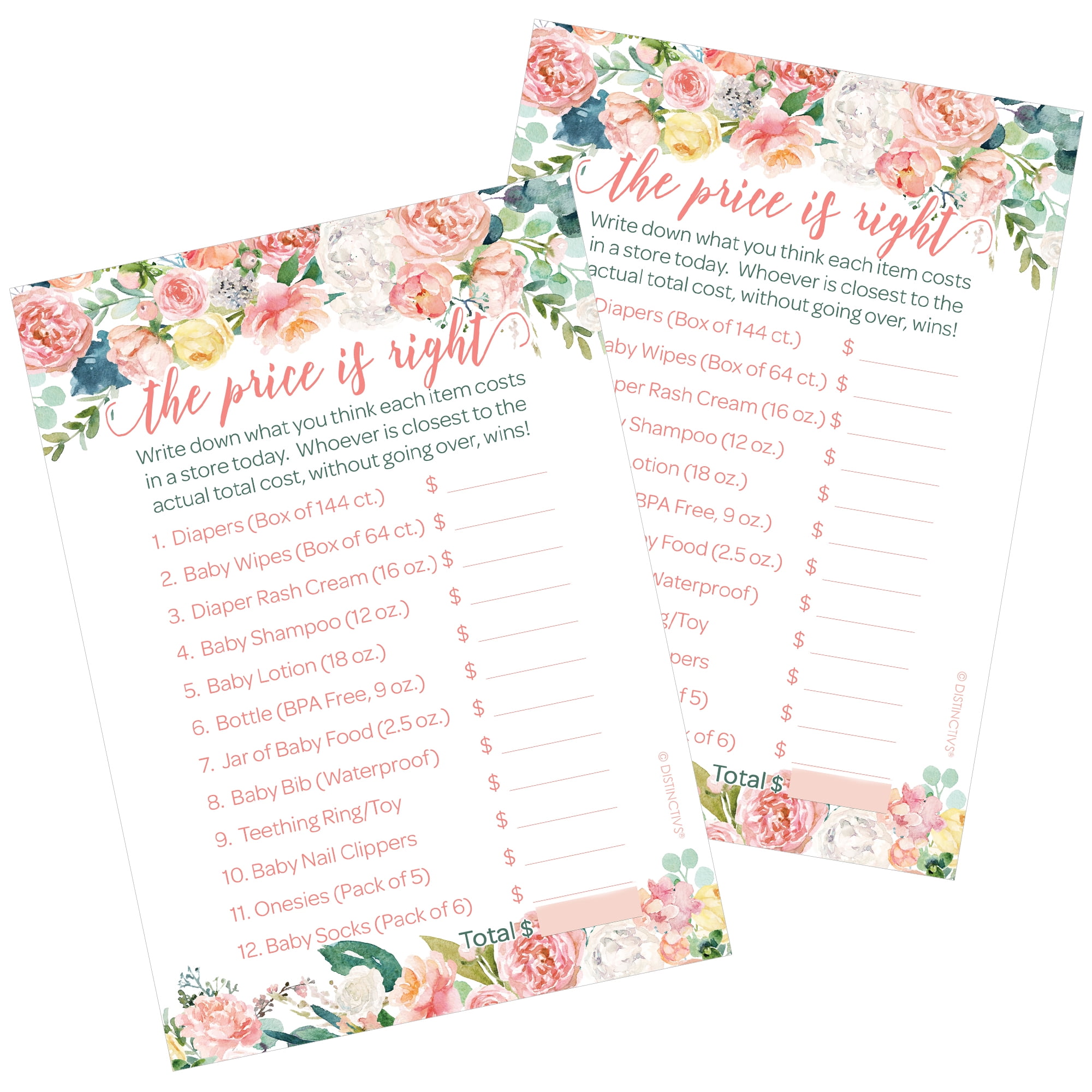 Distinctivs Pink Floral Baby Shower Price Is Right Party Game Cards, 20