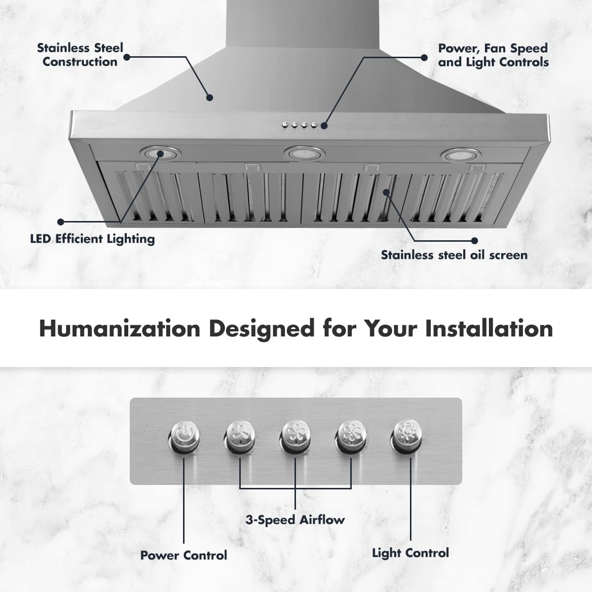 KYascend Upgraded 48 inch Wall Mount Range Hood Vent Convertible Dual Motors 1500CFM Stainless Steel for Kitchen 3 Speed Exhaust Fan ETL Listed