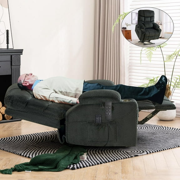 CDCASA Dual Motor Lay Flat Power Lift Recliner Chair with Heat and Massage, USB & Type-C Ports, Large Recliners for Living Room, Oversized Recliner for Adults & Elderly - Grey