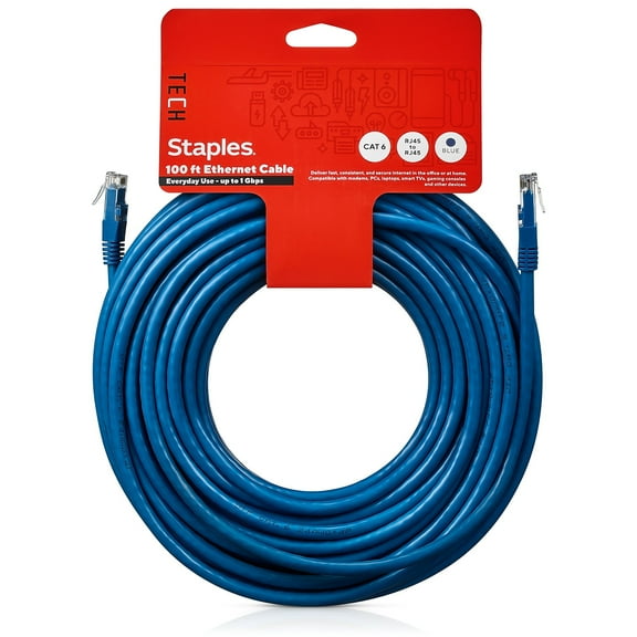 Staples TECH 100' Cat-6 Ethernet Cable Male to Male Blue (ST62452)