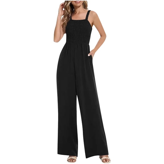 Kojanyu Women’S Summer Solid Color Square Neck Jumpsuit – Sleeveless, High-Waisted, Wide-Leg with Gathered Waist for Casual & Workwear,Black,L
