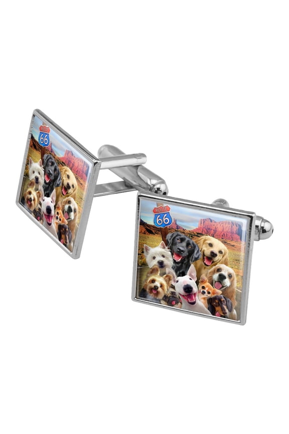 Route 66 Southwest Dogs Selfie Lab Retriever Westie Square Cufflink Set - Silver or Gold