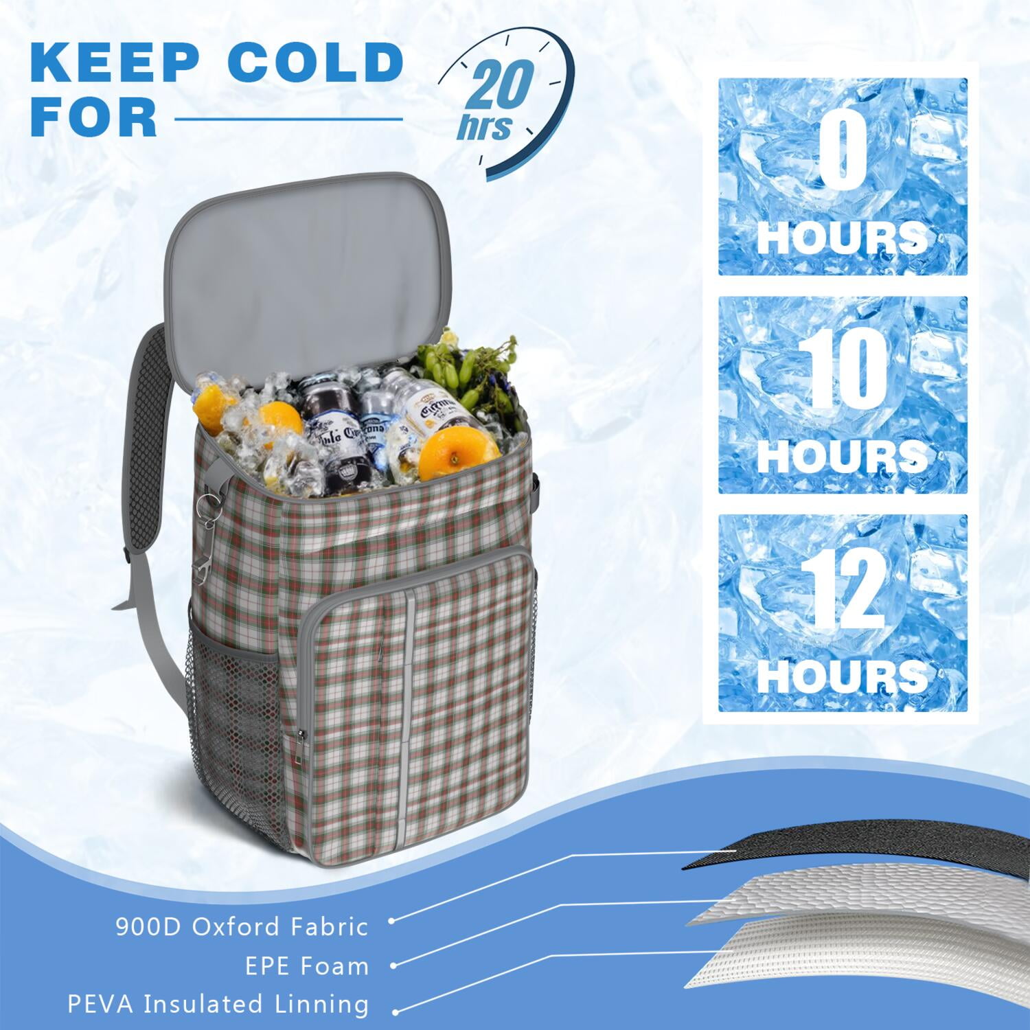 Travel Cooler Bag - Green and Red Christmas Plaid Pattern Camping Beer Cooler Backpack with Bottle Opener- Waterproof Insulated Picnic Backpacks - Cooler Bag for Beach