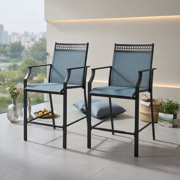 Resenkos 2-Piece Outdoor Counter Stools Set – Heavy-Duty Metal Bar Stools with Armrests, Footrest & Breathable Fabric Seat (Blue, Coffee, Red)