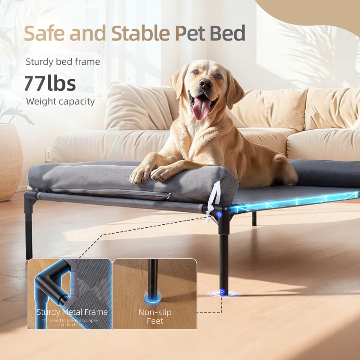 DOMIPET Cooling Elevated Dog Bed with Removable Waterproof Bolster Cushion Mat, Raised Pet Cot with Breathable Mesh, No-Slip Feet, Dog Couch Bed for Indoor Outdoor