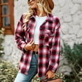 thumbnail image 1 of Woman Plaid Collared Shirt, Two Pockets Button Down V Neck Top Comfortable Button Cuffs  For Work For Autumn Red,Khaki,Green,Black White, 1 of 8