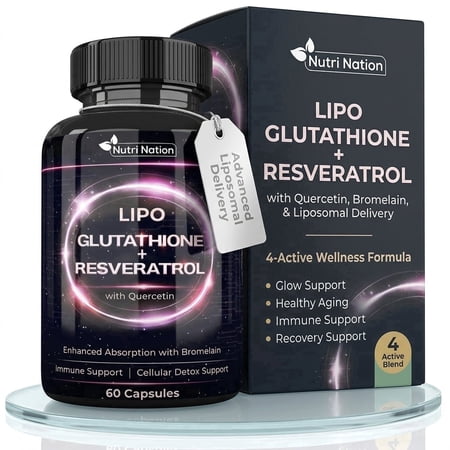 Nutri Nation Liposomal Glutathione 500mg with Resveratrol, Quercetin & Bromelain – Advanced Antioxidant, Cellular Detox Support 60 Capsules