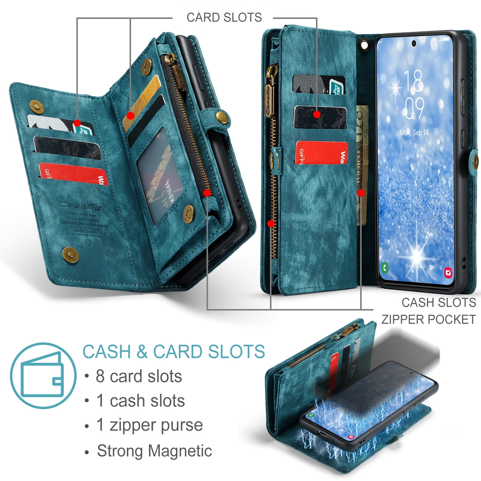 Allytech Magnetic Detachable Wallet Case for Samsung Galaxy A16 5G with Card Slots & Zipper Pocket, Support Wireless Charging, PU Leather Wrist Strap Shockproof Full Protection Flip Case, Green
