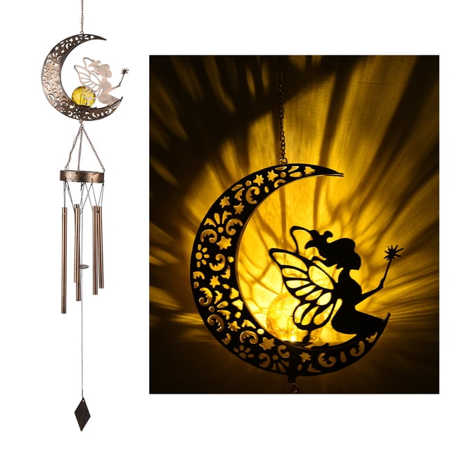 Carillón de viento solar con campana de viento de metal con luz LED Decoración de luz nocturna para yeacher Hada de las flores y luna