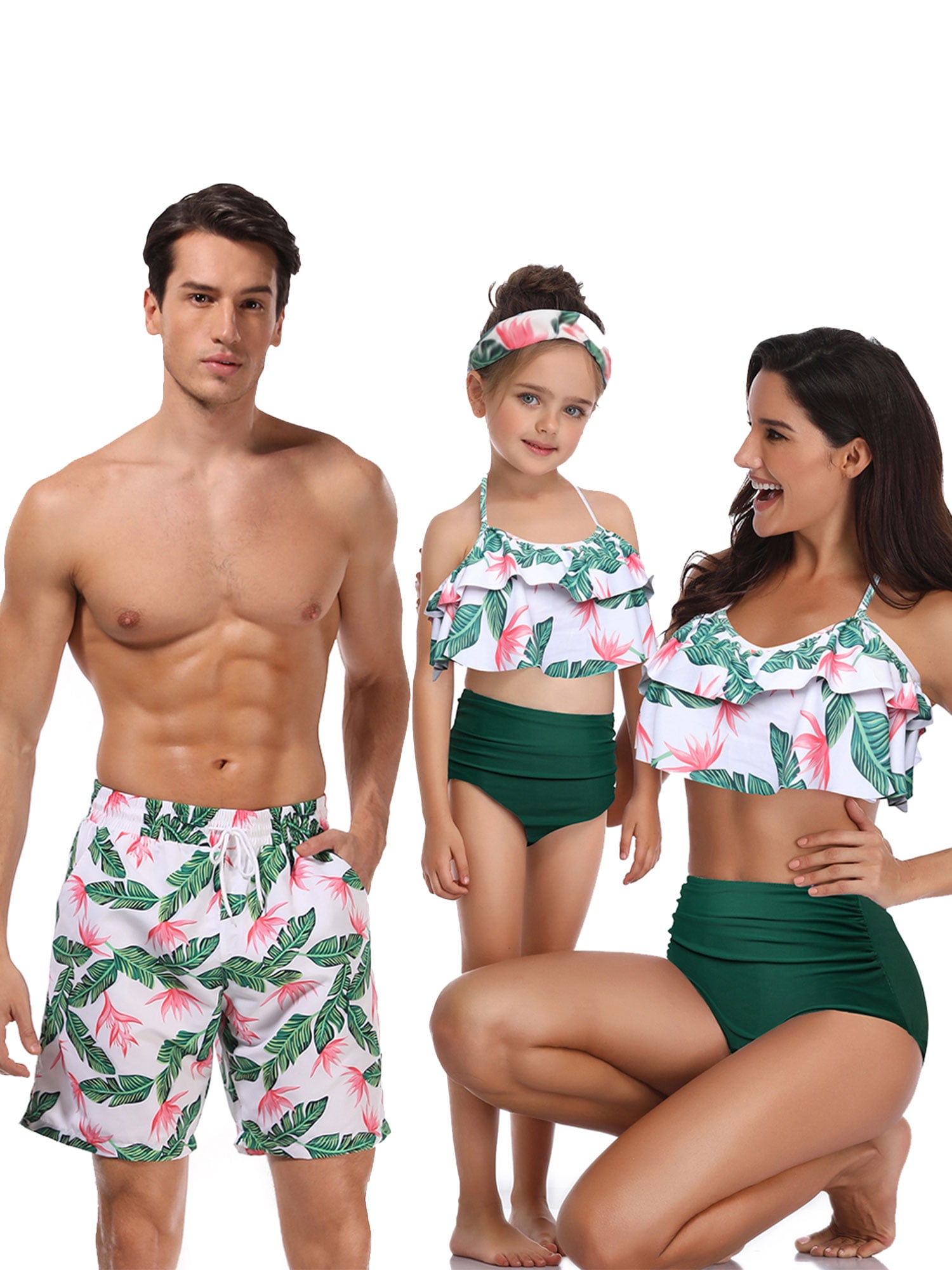 Family Matching Leaves Print Swimwear Mommy Daddy and Me Swimsuit Parent-Child Bikini Trunks Set Bathing Suit