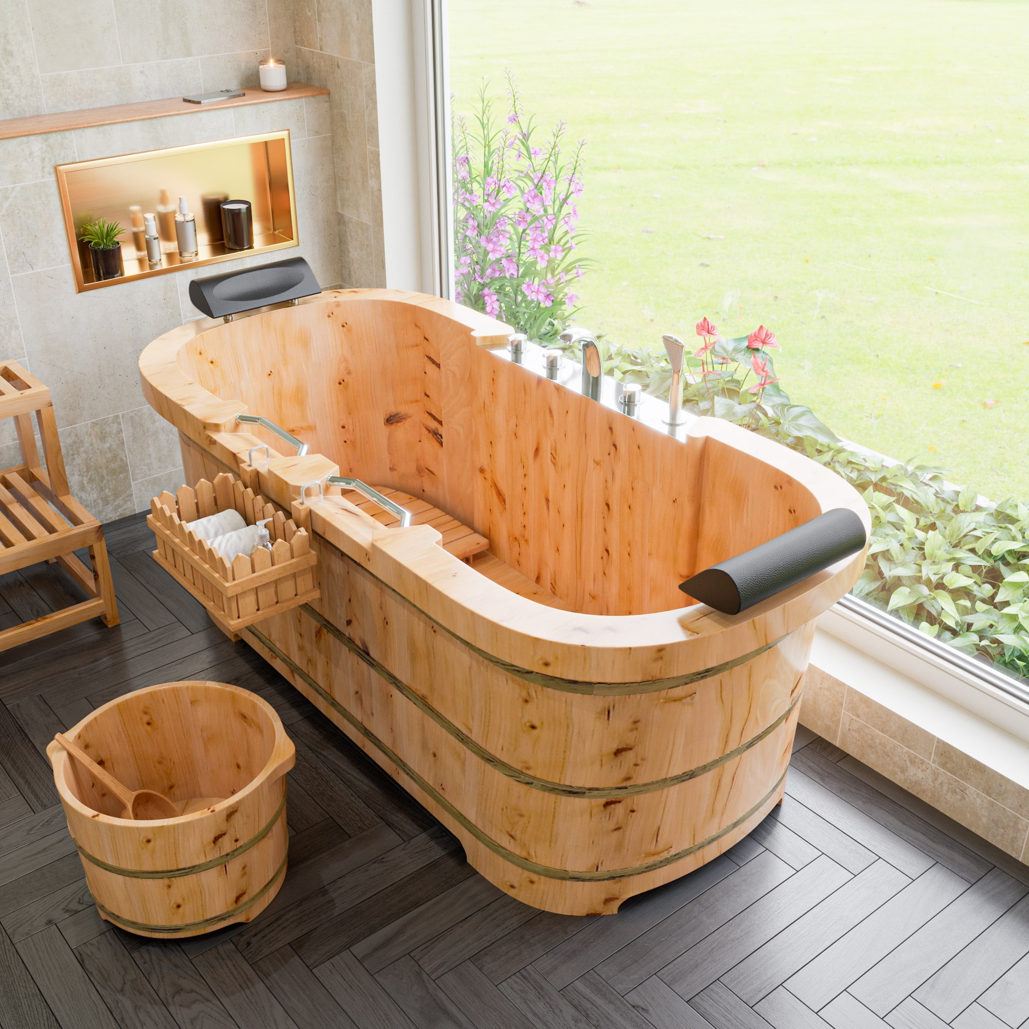 ALFI brand AB6604 Round Wooden Cedar Foot Soaking Tub