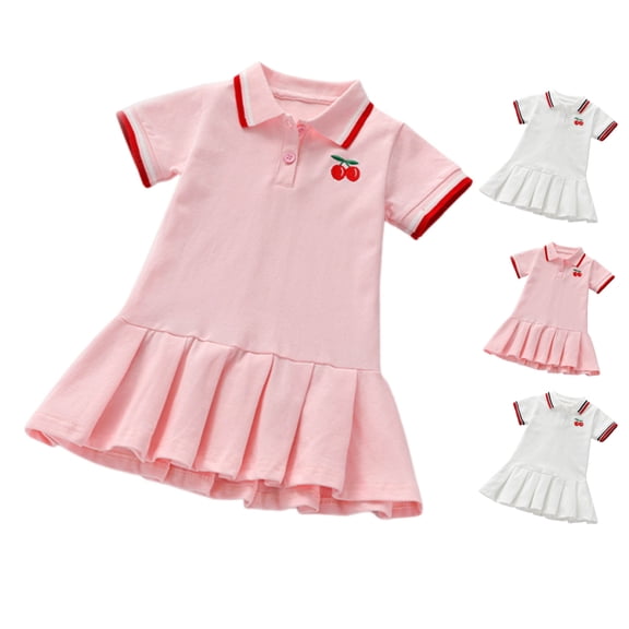 Afuyipoi Girls Embroidered Polo Dress (1-8 Years) Short Sleeve Pleated School Uniform Style Summer Cotton Casual Sundress Pink 5/6