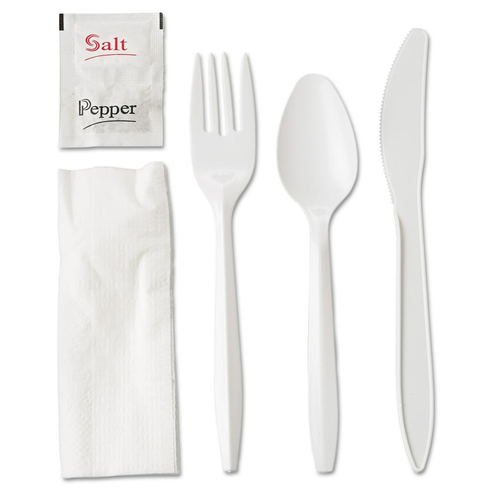GEN Wrapped Cutlery Kit, Fork/Knife/Spoon/Napkin/Salt/Pepper, White