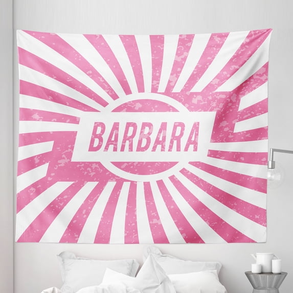 Barbara Tapestry, Radial Background with Name in Rectangle in the Middle Grunge Illustration, Fabric Wall Hanging Decor for Bedroom Living Room Dorm, 5 Sizes, Pale Pink and White, by Ambesonne